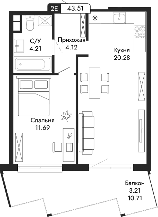 Планировка — Парковая Резиденция, 2-комн., 40 м²