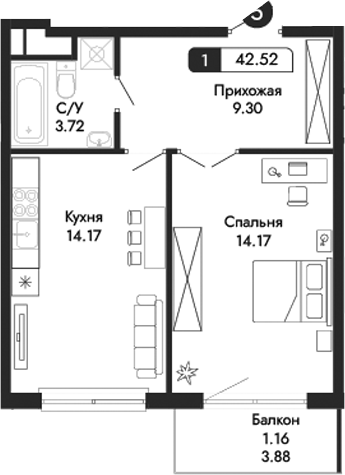 Планировка — Парковая Резиденция, 1-комн., 41 м²