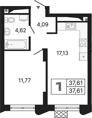 Планировка — Алиса, 1-комн., 38 м²