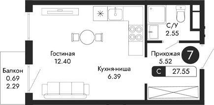 Планировка — Парковая Резиденция, Студия, 27 м²