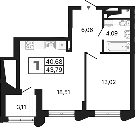 Планировка — Алиса, 1-комн., 41 м²