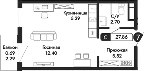 Планировка — Парковая Резиденция, Студия, 27 м²