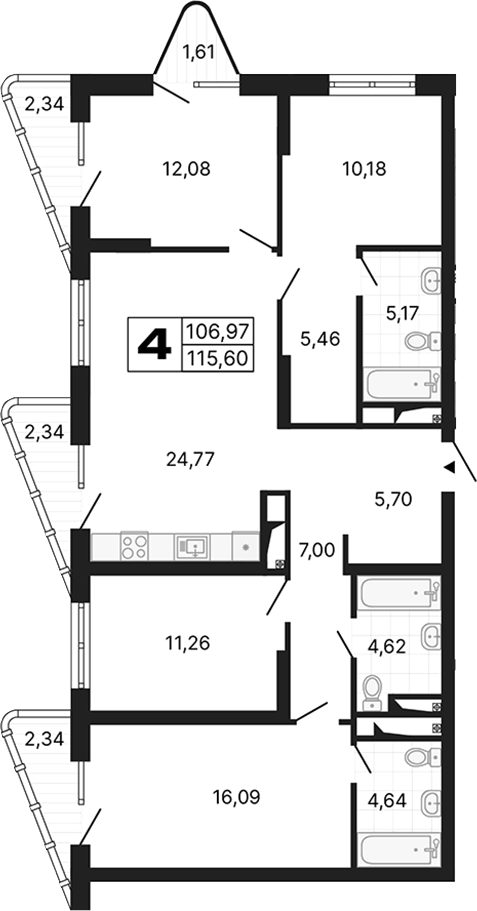 Планировка — Алиса, 4-комн., 107 м²