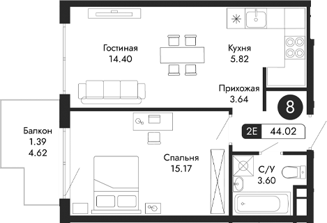 Планировка — Парковая Резиденция, 2-комн., 43 м²