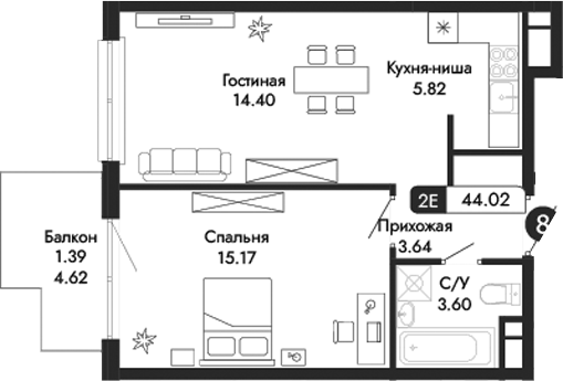 Планировка — Парковая Резиденция, 2-комн., 43 м²