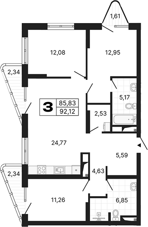 Планировка — Алиса, 3-комн., 86 м²