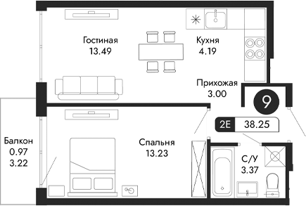 Планировка — Парковая Резиденция, 2-комн., 37 м²