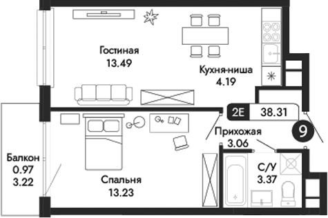 Планировка — Парковая Резиденция, 2-комн., 37 м²