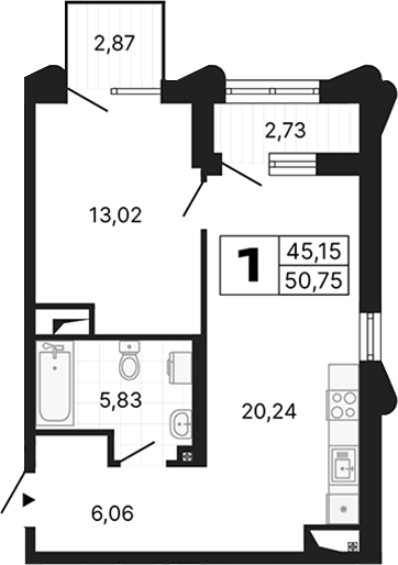 Планировка — Алиса, 1-комн., 45 м²