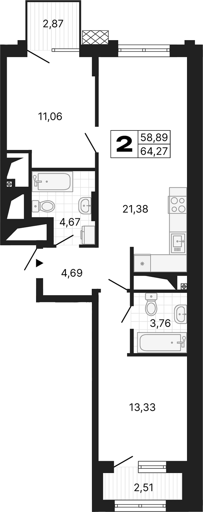 Планировка — Алиса, 2-комн., 59 м²