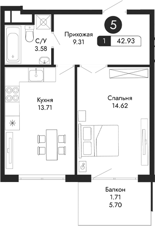 Планировка — Парковая Резиденция, 1-комн., 41 м²