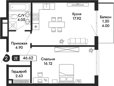 Планировка — Парковая Резиденция, 2-комн., 45 м²