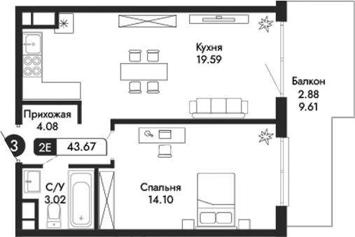 Планировка — Парковая Резиденция, 2-комн., 41 м²