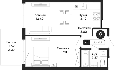 Планировка — Парковая Резиденция, 2-комн., 37 м²