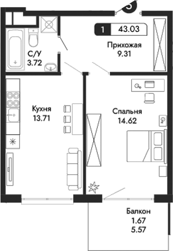 Планировка — Парковая Резиденция, 1-комн., 41 м²
