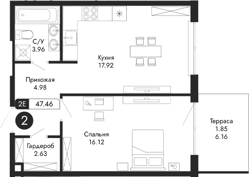Планировка — Парковая Резиденция, 2-комн., 46 м²