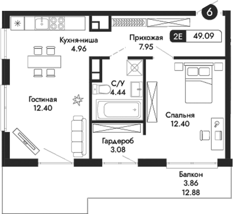 Планировка — Парковая Резиденция, 2-комн., 45 м²