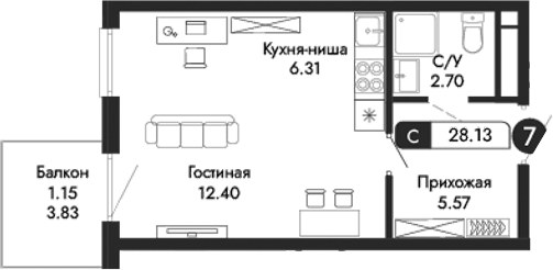 Планировка — Парковая Резиденция, Студия, 27 м²