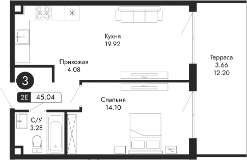 Планировка — Парковая Резиденция, 2-комн., 41 м²