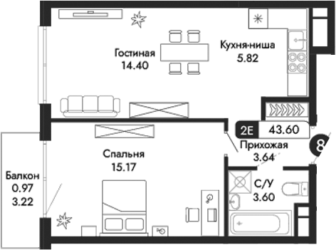 Планировка — Парковая Резиденция, 2-комн., 43 м²