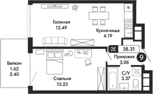 Планировка — Парковая Резиденция, 2-комн., 37 м²