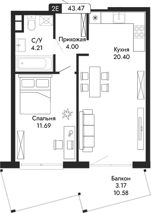 Планировка — Парковая Резиденция, 2-комн., 40 м²