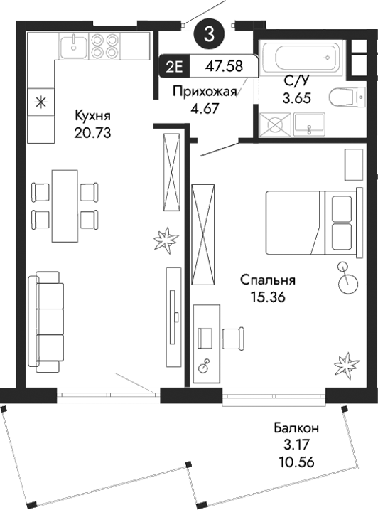 Планировка — Парковая Резиденция, 2-комн., 44 м²