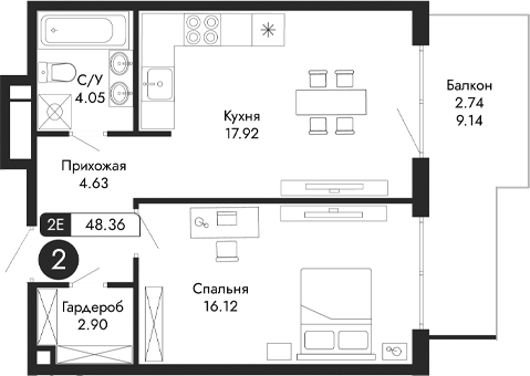 Планировка — Парковая Резиденция, 2-комн., 46 м²