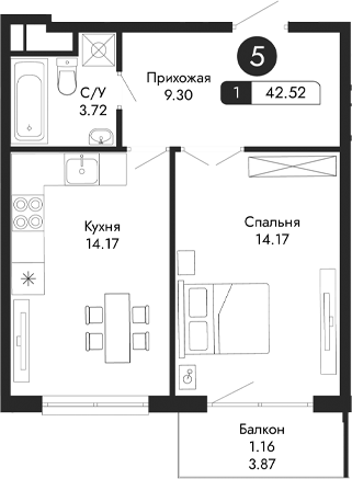 Планировка — Парковая Резиденция, 1-комн., 41 м²