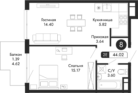 Планировка — Парковая Резиденция, 2-комн., 43 м²