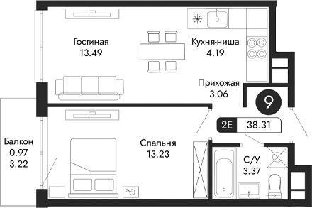 Планировка — Парковая Резиденция, 2-комн., 37 м²
