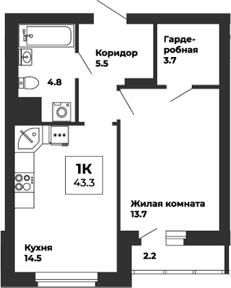 Планировка — Белая Башня, 1-комн., 42 м²