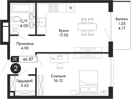 Планировка — Парковая Резиденция, 2-комн., 46 м²