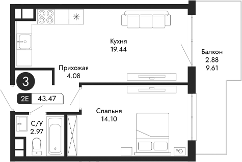 Планировка — Парковая Резиденция, 2-комн., 41 м²