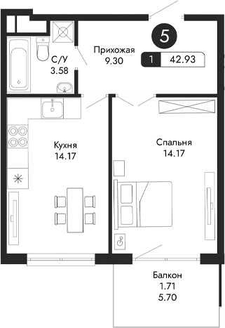 Планировка — Парковая Резиденция, 1-комн., 41 м²