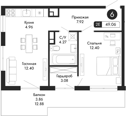 Планировка — Парковая Резиденция, 2-комн., 45 м²