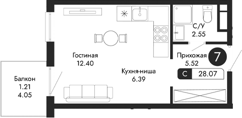 Планировка — Парковая Резиденция, Студия, 27 м²