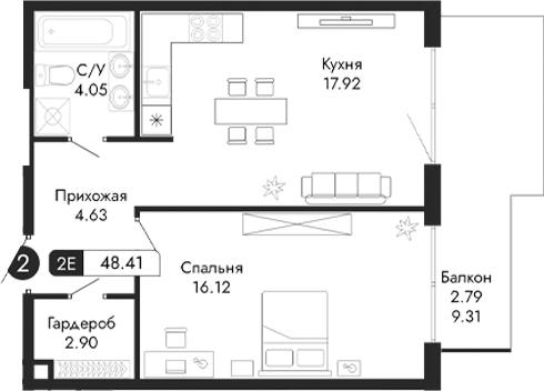 Планировка — Парковая Резиденция, 2-комн., 46 м²