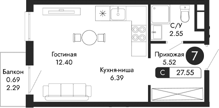 Планировка — Парковая Резиденция, Студия, 27 м²