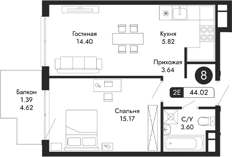 Планировка — Парковая Резиденция, 2-комн., 43 м²