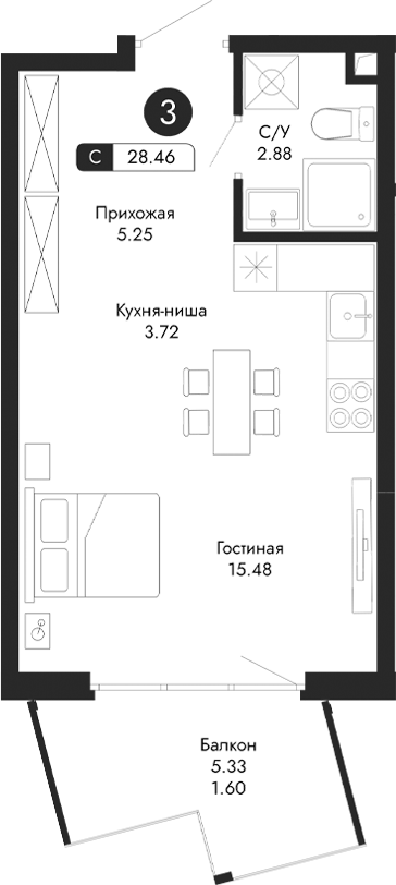 Планировка — Парковая Резиденция, Студия, 27 м²