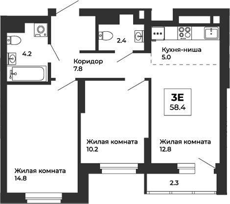 Планировка — Белая Башня, 3-комн., 57 м²