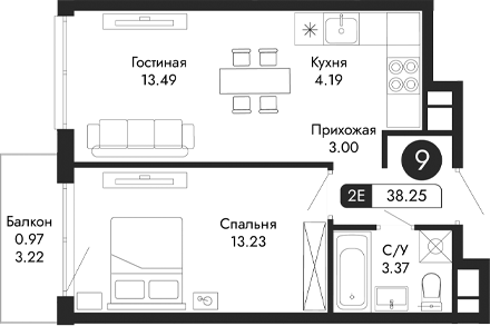 Планировка — Парковая Резиденция, 2-комн., 37 м²