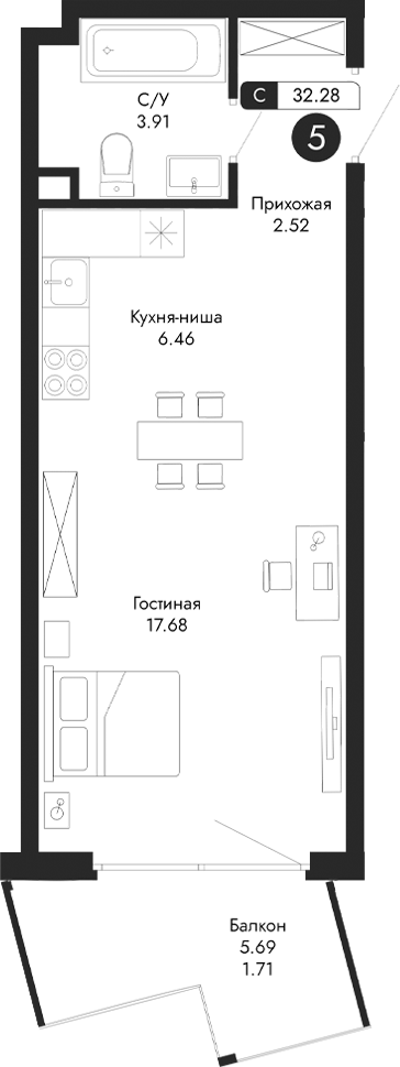 Планировка — Парковая Резиденция, Студия, 31 м²