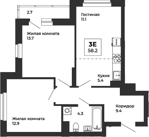 Планировка — Белая Башня, 3-комн., 57 м²