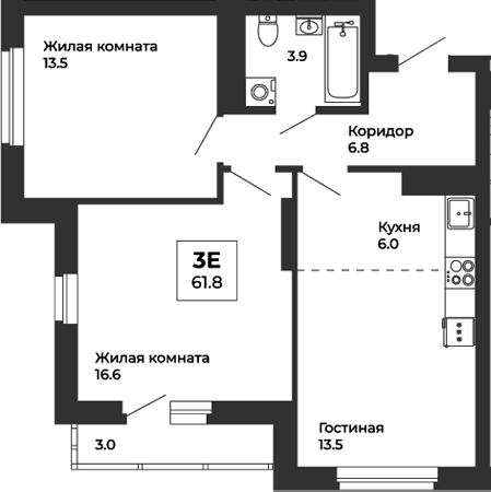 Планировка — Белая Башня, 3-комн., 60 м²