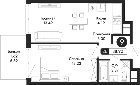 Планировка — Парковая Резиденция, 2-комн., 37 м²
