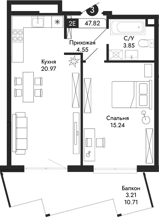 Планировка — Парковая Резиденция, 2-комн., 45 м²