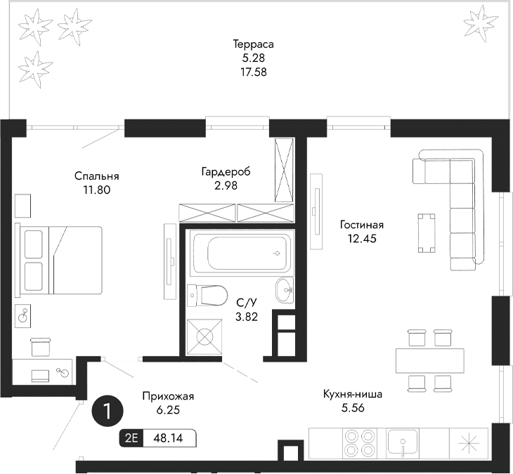 Планировка — Парковая Резиденция, 2-комн., 43 м²