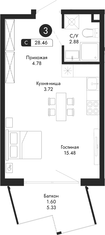 Планировка — Парковая Резиденция, Студия, 27 м²